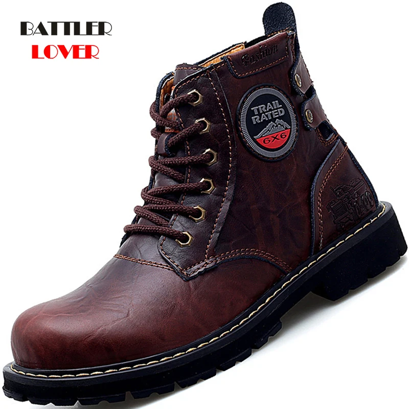 Autumn Winter Men Genuine Leather Working Boots High Top Biker Shoes for Male Casual Brand Fashion Motorcycle Botas Footwear