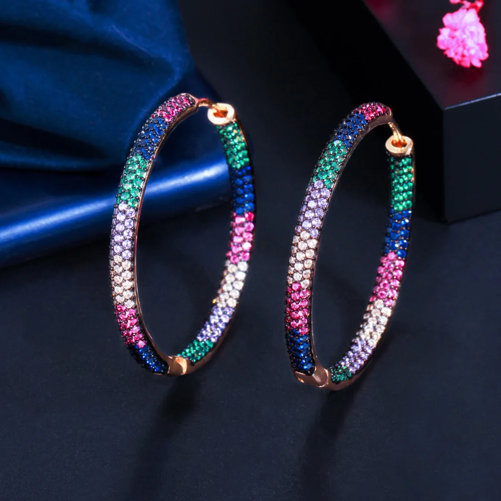 Pera Brand Designer Micro Multicolor Cubic Zirconia Paved Big Circle Gold Color Hoop Earring for Women Chic Wedding Jewelry E692