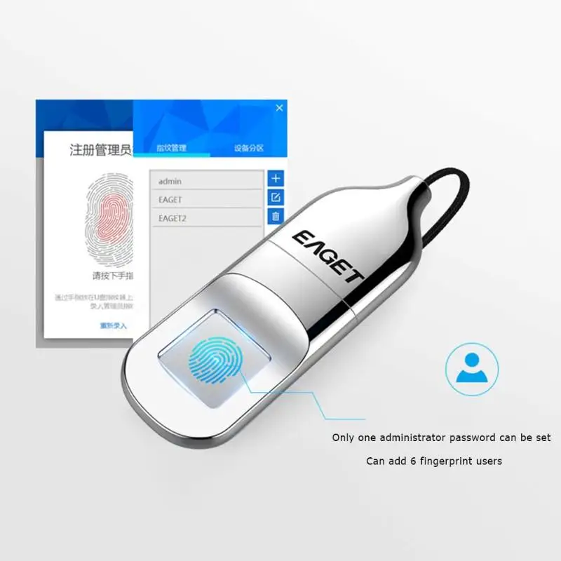 EAGET флэш-накопитель FU5 Портативный флеш-диск USB 2,0 распознавания отпечатков пальцев зашифрованные безопасности USB Memory Stick 32 GB/64 GB