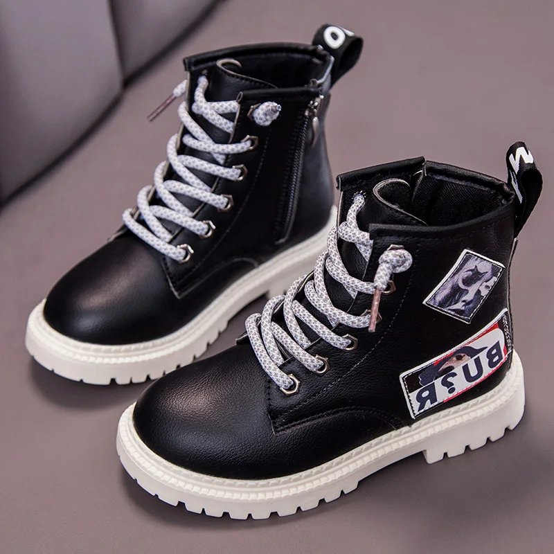 Children Martin Boots PU Leather Waterproof Motorcycle Boots Winter Kids Snow Boots Brand Girls Princess Shoes Boots