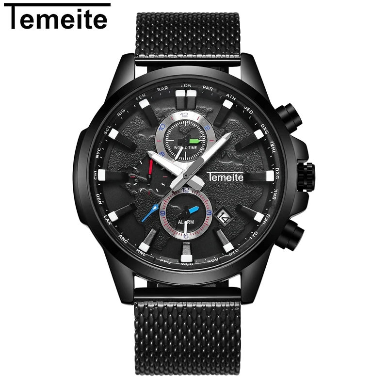 TEMEITE Original Mens Watches Top Brand Luxury Waterproof Quartz Watch Men Clock Date Mesh Strap Wristwatches Male Relogio - Цвет: black