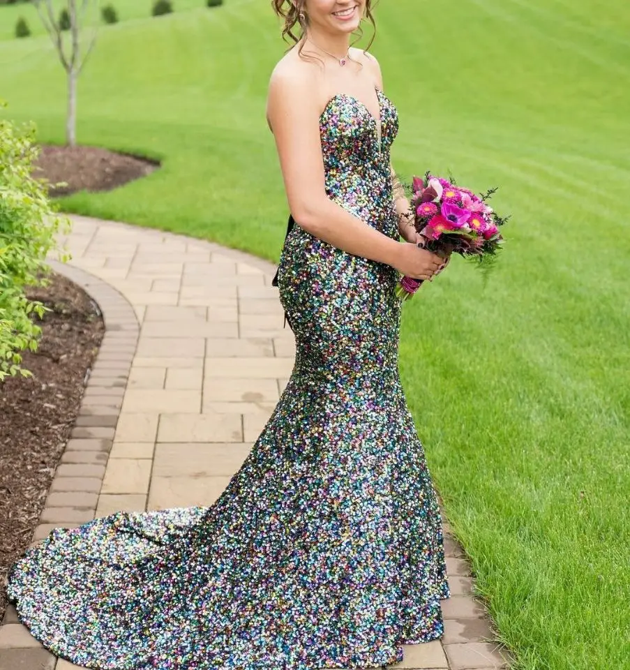 

Elegant Long Mermaid Sequin Prom Dresses Sweep Train Corset Back Custom Formal Party Dresses Robe Soiree Femme with Belt