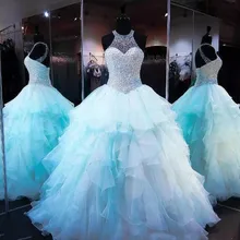 Бальное платье из органзы с голубыми оборками, бальные платья, Роскошные платья с бусинами, корсаж с жемчугом, на шнуровке, 16 милых платьев для выпускного вечера