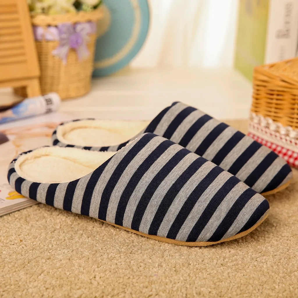 Striped Soft Bottom Home Slippers Cotton Warm Shoes Men Indoor Floor Slippers Non-slips Shoes For Bedroom House Man Slippers#01