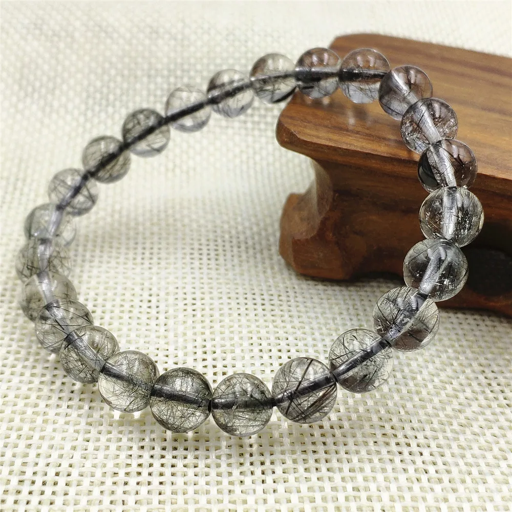 7.5mm Natural Black Rutilated Quartz Crystal Women Men Bracelet Round Beads Wealthy Stone From Brazil Reik Stone AAAAA