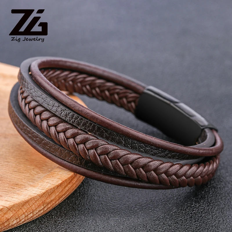 ZG мужской панк коса кожаный браслет черный Регулируемый нержавеющая сталь магнитная пряжка браслет мужские ювелирные изделия лучшие подарки