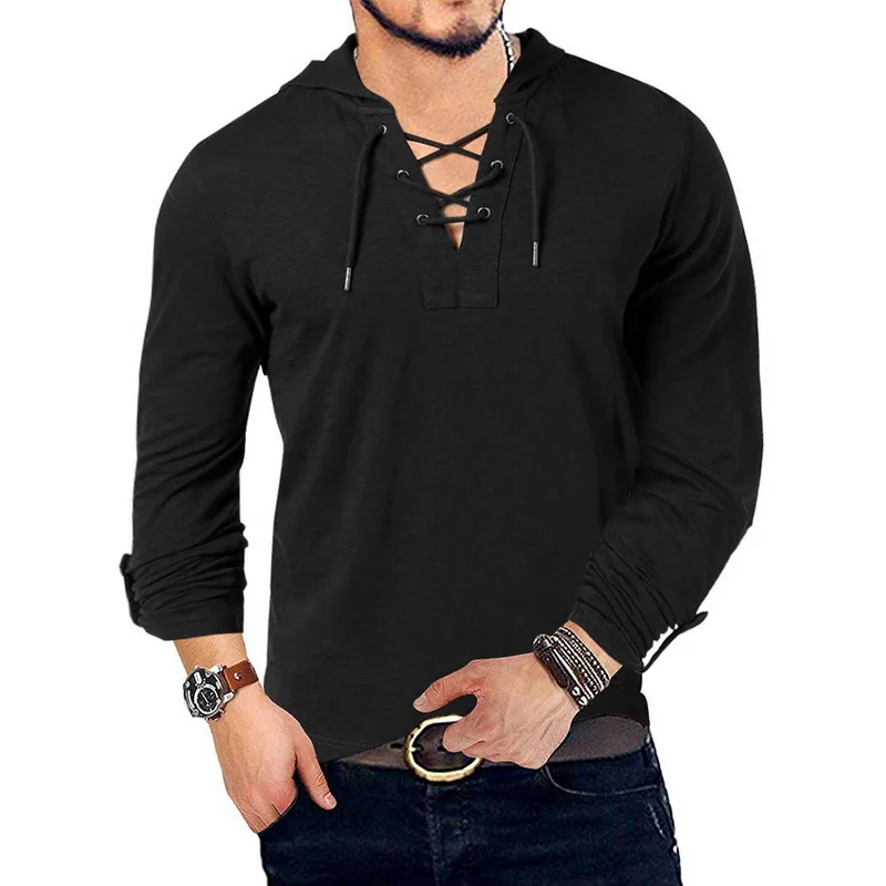 New Fashion Men's Hooded Tee Long Sleeve Cotton Henley T-Shirt Medieval  Lace Up V Neck Outdoor Tee Tops Loose Casual Solid Shirt - AliExpress
