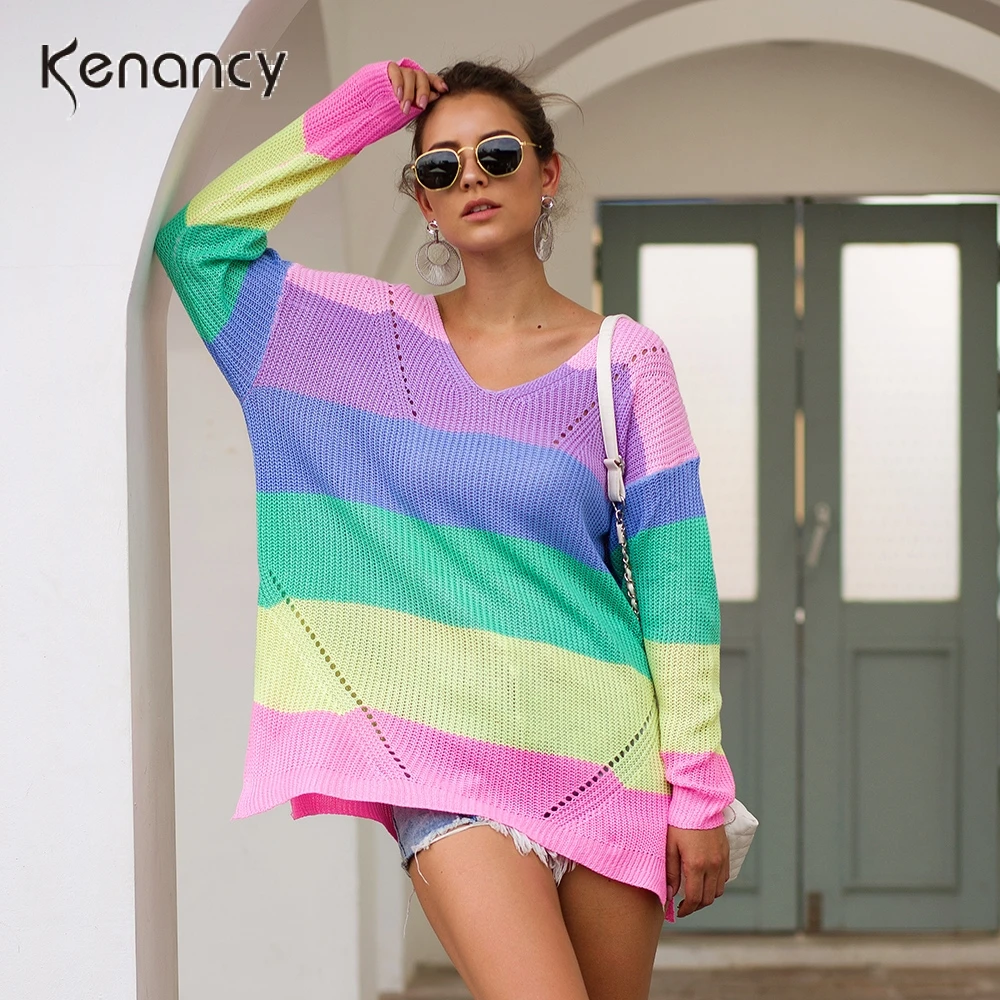 

Kenancy Autumn Winter Colorful Rainbow Women Sweaters Drop Shoulder Loose Female Pullovers Color Block Casual Knit Jumper Tops