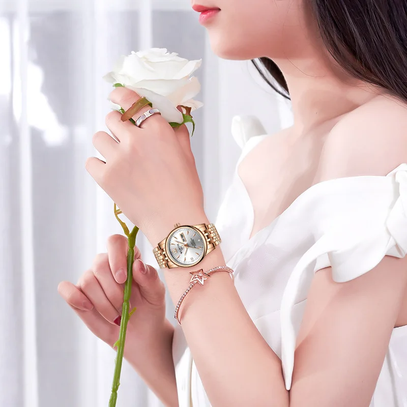 Новые модные Для женщин часы с романтичной розой австралийская золотистые босоножки на ремешке по часы Женское платье женские наручные часы Сталь часы wlisth reloj mujer