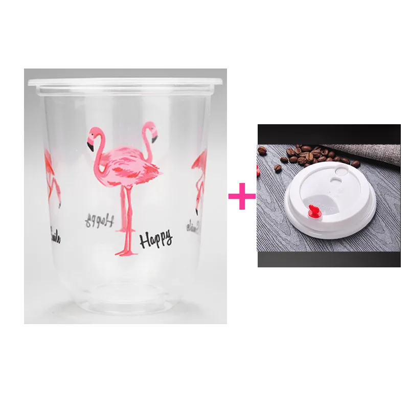 cup and lid 50 шт. высококачественные прозрачные одноразовые чашки u-образный день рождения креативный Фламинго счастье пластиковая чашка с крышкой - Цвет: cup and lid