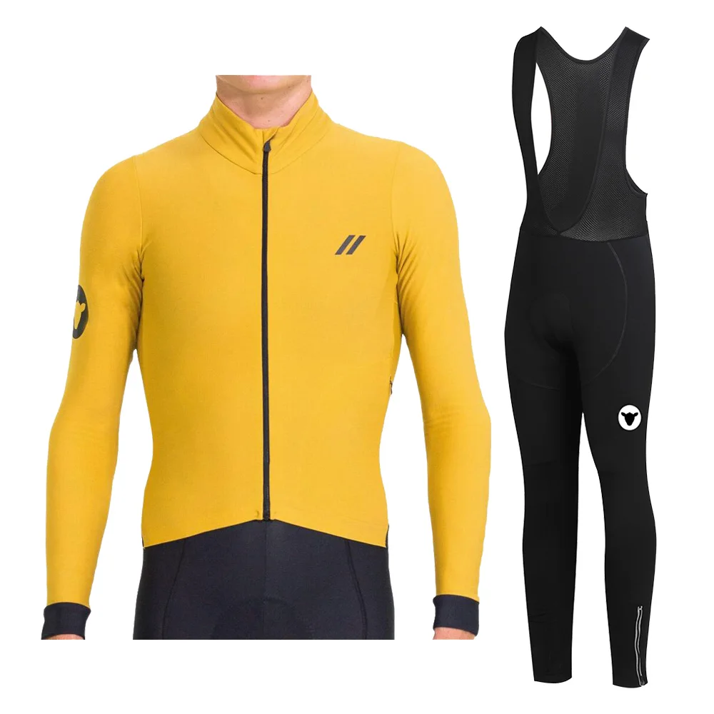 Зимний черный овечий термо флис с длинным рукавом и комбинезон для велоспорта Джерси для зимней езды желтый/черный - Цвет: 2