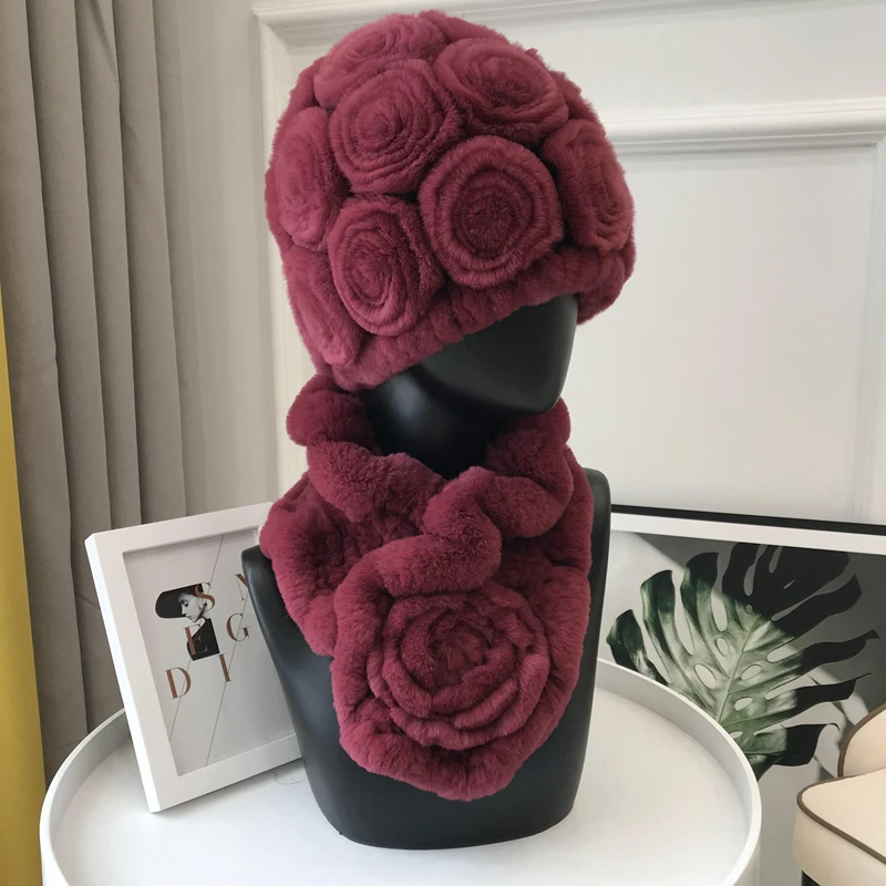 Jujube red set Женский вязаный Настоящий мех кролика наборы шарф шапка натуральный теплый мех кролика рекс Шарфы шапки зима леди Настоящий мех кролика шапка шарф - Цвет: Jujube red set