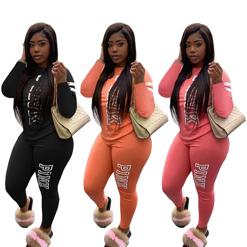 

Autumn Pink Letter Print Tracksuit Set Women Casual 2 Piece Set Long Sleeve O Neck Sweatshirt + Pants 2pcs Sweat Suit Outfits