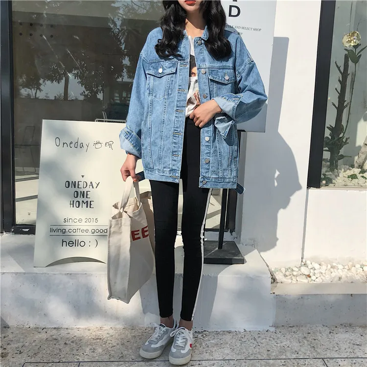 New Solid Turn-down Collar Jean Jacket for Women Loose Casual Blue Fashionable Women Coats Female outwear Denim Feminine