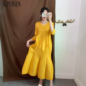 

SuperAen Europe Fashion Women Long Dress Solid Color Casual 2019 Autumn New Ladies Dress Pluz Size Three Quarter Sleeve Dresses