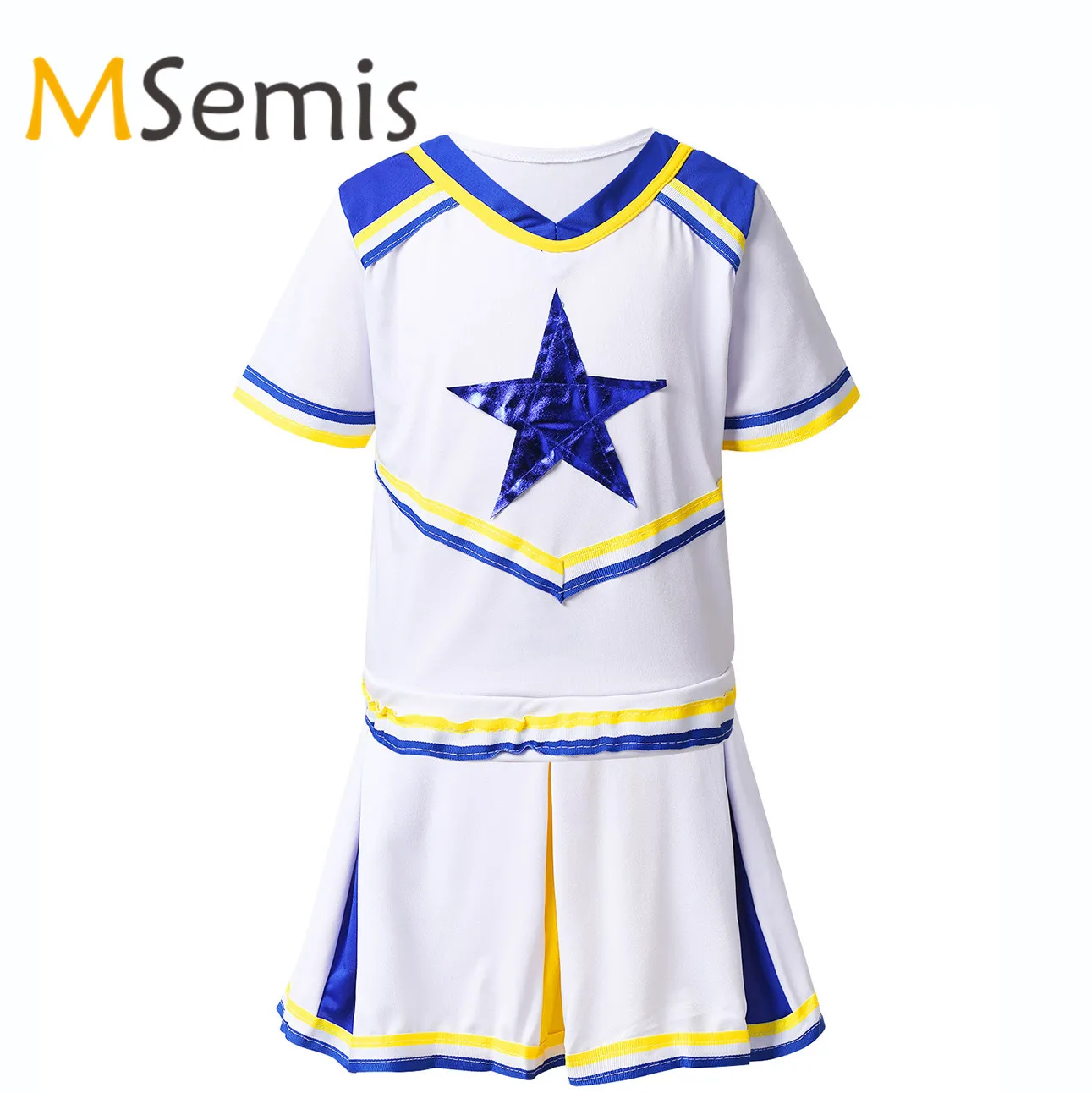 

Kids Girls Cheerleader Costume Outfit Stars Applique Tops with Pleated Skirt Set Role Play Games Carnival Cheerleading Clothing