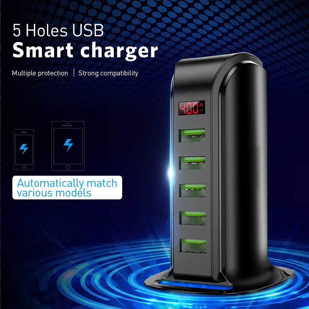 

5-port USB Charger Home Office Desktop Digital Display USB Charging Adapter Phone Tablet Charging Station, EU Plug