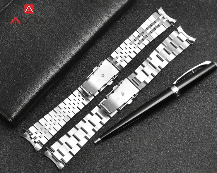 Men's Stainless Steel Curved End Watch Band with Folding Buckle, 20/22mm