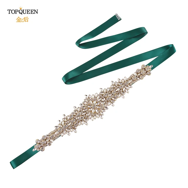 TOPQUEEN S319-G Plus Size Bridal Gowns Belts Golden Belts for Women Rhinestones Belt Girlfriend Luxury Ribbon Belt Wedding Sash Drak green ribbon