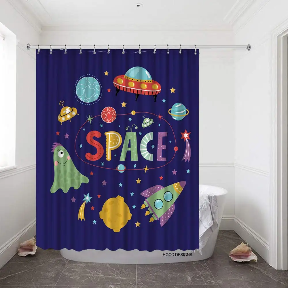 

Space Shower Curtain Set with 12 Hooks Cartoon Space Icons with Spaceship Flying Saucer Alien Stars and Planets Bath Curtains