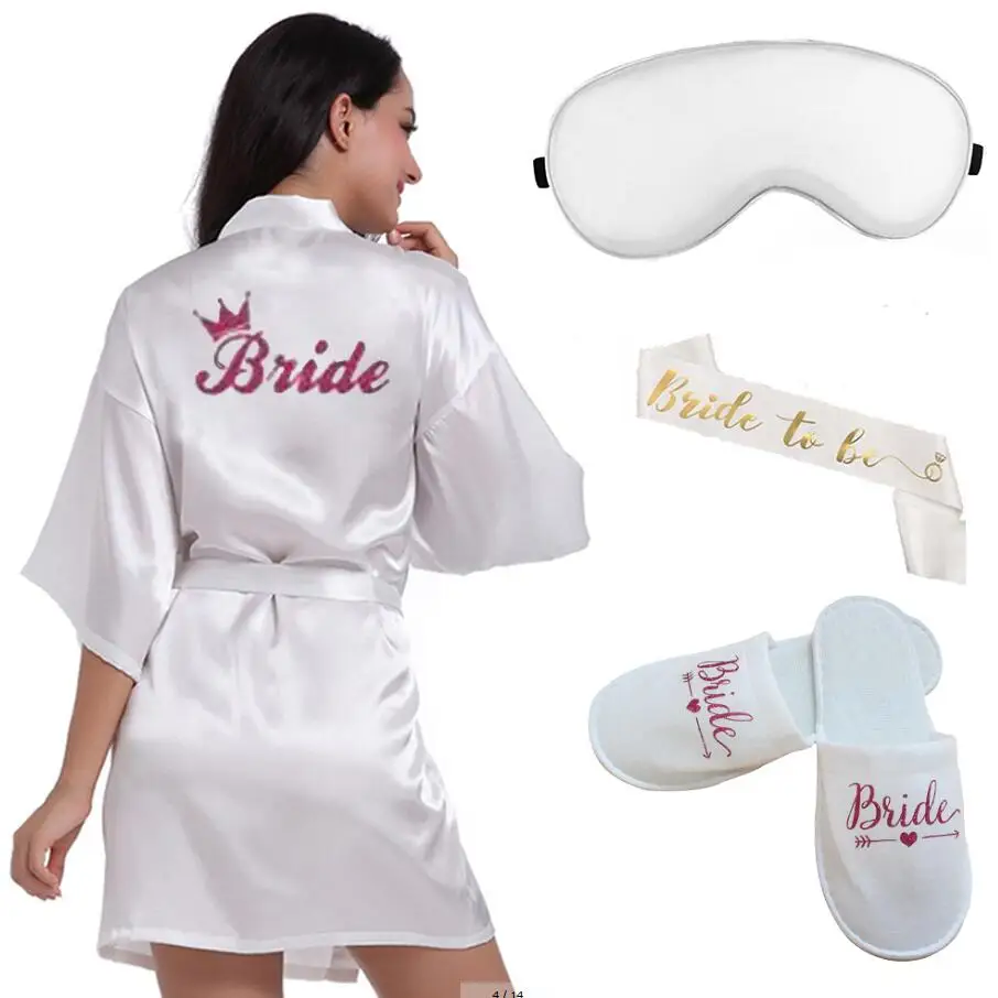 Bride Robes 4pc set of glitter gold bride satin short bride robe slippers bridal sash peignoir women Bridal Party kimono robe