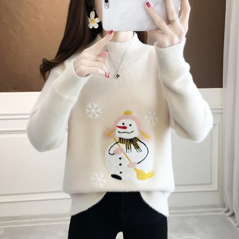 Suéter navideño de alta calidad para mujer, nuevo, otoño e invierno, bordado, de lujo, imitación de visón, terciopelo, cuello alto, pulóver, top, 2021