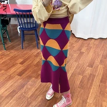 SHENGPALAE Ins, модная, уникальная, с ромбовидным швом, высокая талия, юбка для женщин, до середины икры, вязаная юбка для женщин, Faldas Mujer Moda FV794