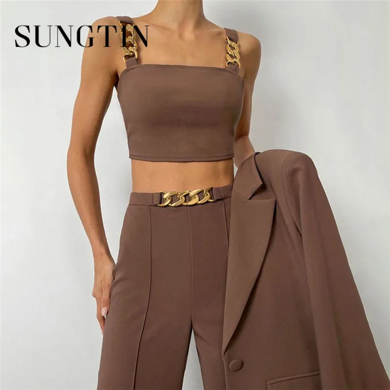 Sungtin Women's Suit Office Lady High Waist Pant 2022 Hot Fashion Slim Blazer Vest Straight Pants Two Piece Sets |
