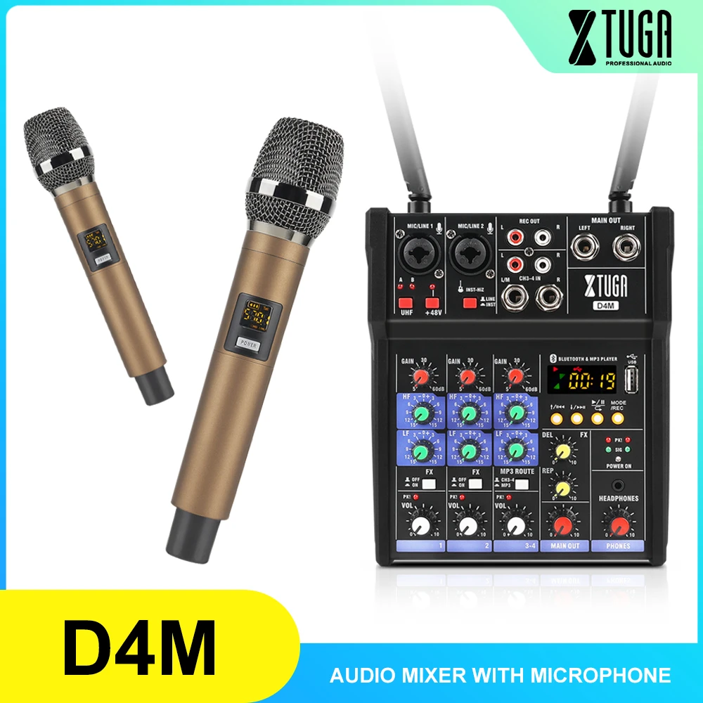 XTUGA D4M Mixer Audio con microfono Wireless Mixer Audio a 4 canali con  Bluetooth,USB per registrazione PC, DJ Karaoke, canto|Attrezzatura da DJ| -  AliExpress