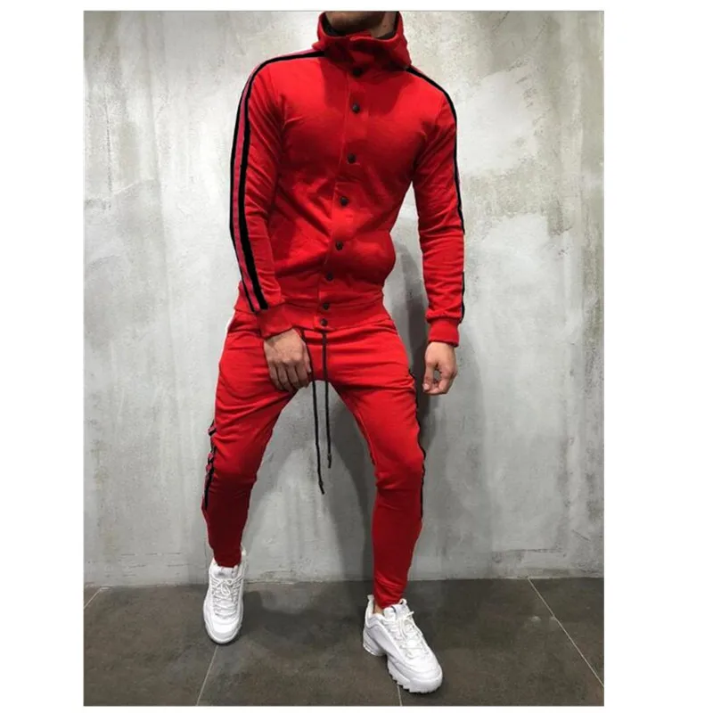 The Fashion LeisureButtonTracksuit Men Set Sport 2 Pieces Sweatsuit Mens Clothes Printed Hooded Hoodies Jacket& Pants Track Sui