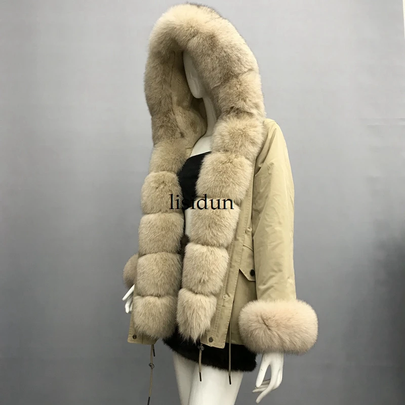 

2019 natural fox fur coat Silver Fox collar real fur coat winter Jacket Rex rabbit liner red fox hooded thick warm parks Disass