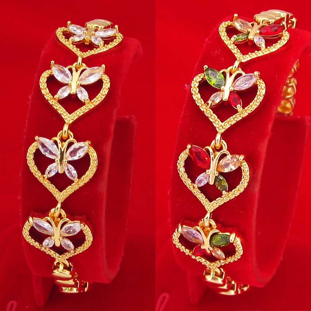 

White/Colorful Heart Bracelet Wrist Chain Women Jewelry Yellow Gold Filled Charm Pretty Gift