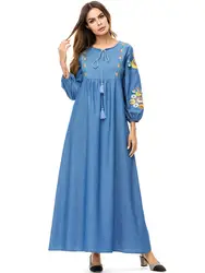 2019 Лето Осень Женщины Плюс Размер мусульманское длинное платье с длинным рукавом o-образным вырезом цветочной вышивкой джинсовое платье
