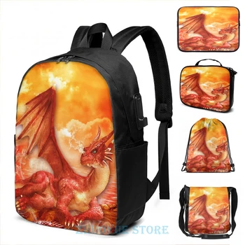 

Funny Graphic print Red Power Dragon USB Charge Backpack men School bags Women bag Travel laptop bag