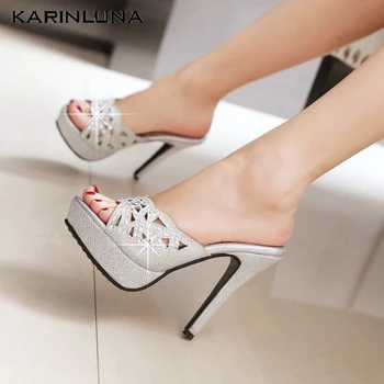 

KarinLune 2020 New Arrivals Plus Size 46 Women Mules Pumps Super High Heel Platrofm Crystal Sandals Summer Party Women Shoes