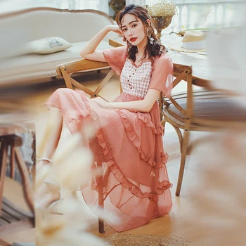 

2020 Summer Dress Women Layered Ruffles Cake Dress Vintage Plaid Mesh Patchwork Fashion Temperament Chic Long Dress Robe Femme