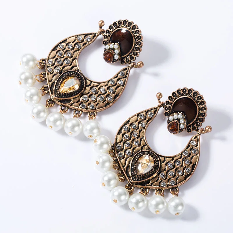 WHOMEWHO Antique Gold Handmade Pearl Beads Indian Jhumki Jhumka Drop Earrings Vintage Hiphop Pop Party Jewelry Royal Accessory