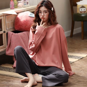 

New Autumn Pajama Set For Women Cotton Sleepwear Loose Comfortable Home Clothes Simple Elegant Night Suit Large Size Pijama