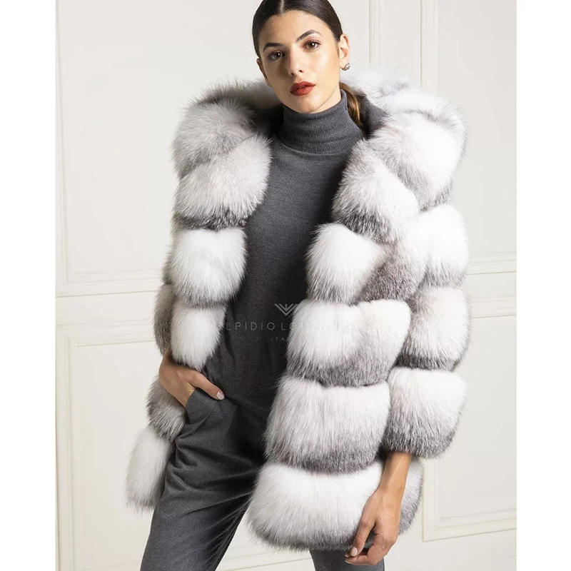 Fandy lokar Real Shadow Blue Frost Fox меховые куртки женские модные средние пальто женские элегантные куртки с капюшоном женские Дамские HAA