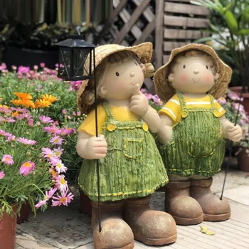 

Lantern Light Doll Dwarf Decor Nursery Tale Boy Girl Statue DIY Courtyard Balcony Sculpture FRP Crafts Garden Decoration R4653