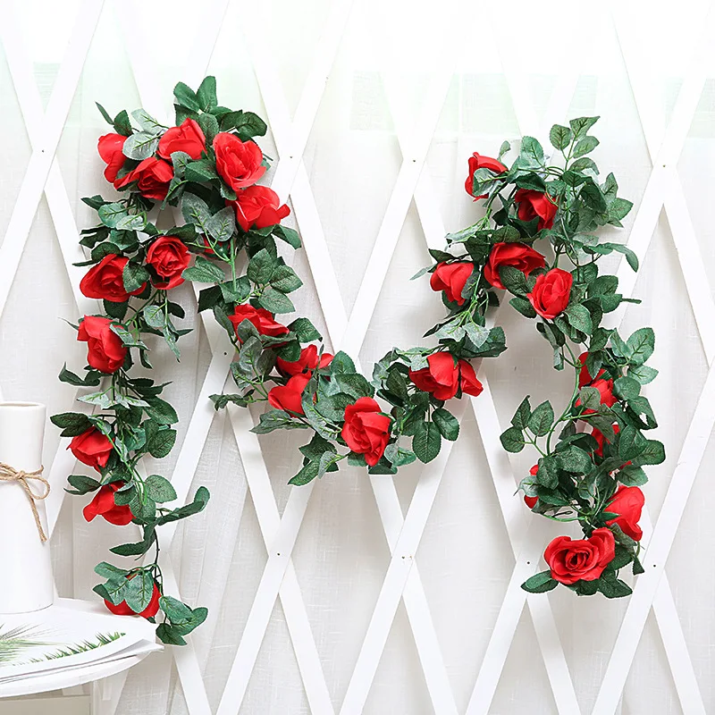

220CM Silk Roses Ivy Vine with Green Leaves For Home Wedding Decoration Fake leaf diy Hanging Garland Artificial Flowers