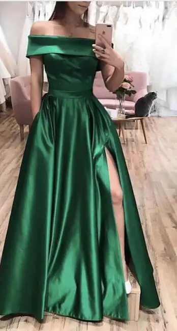 Picture Green Платья с открытым плечом темно-зеленый атлас женское вечернее платье с высоким разрезом Vestidos de gala простое Дешевое платье для выпускного платья de bal - Цвет: Picture Green