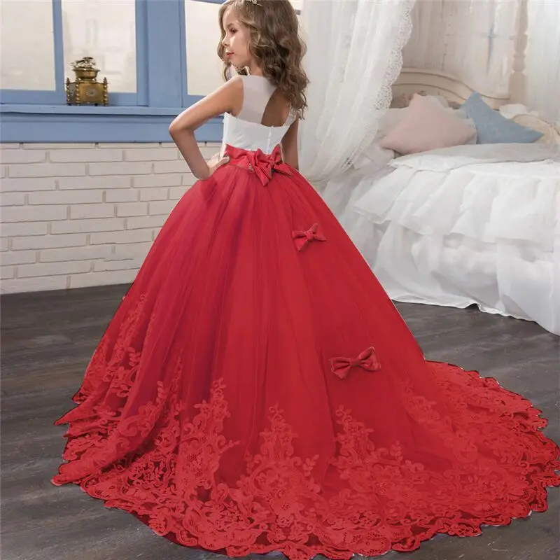 Кружевное платье для девочек элегантное платье принцессы длинное платье в пол, Детские платья для девочек, с цветочным узором, свадебное, вечернее платье детский выпускной вечер, Костюм с балетной юбкой - Цвет: Dress 1 Red