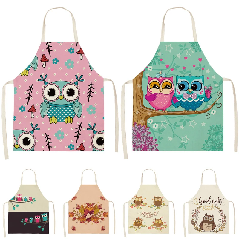 1Pcs Colorful Owl Pattern Cleaning Art Aprons Home Cooking Kitchen Apron Cook Wear Cotton Linen Adult Bibs 53*65 cm WQ0128 | Дом и сад