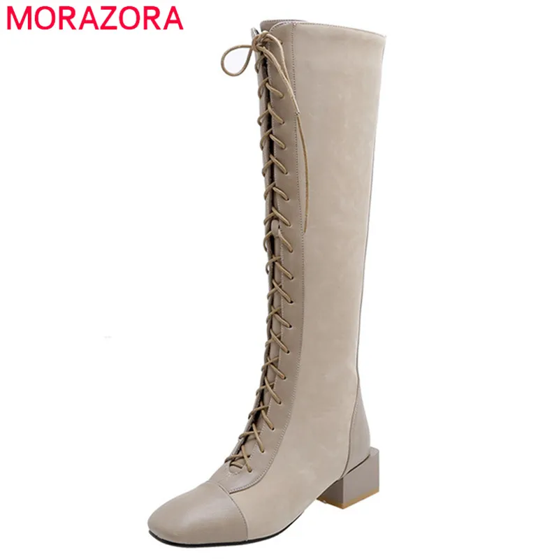 Tanie MORAZORA 2020 top quality faux leather + flock buty do kolan kobiety zasznurować zip jesień buty zimowe kobieta buty na kwadratowym obcasie