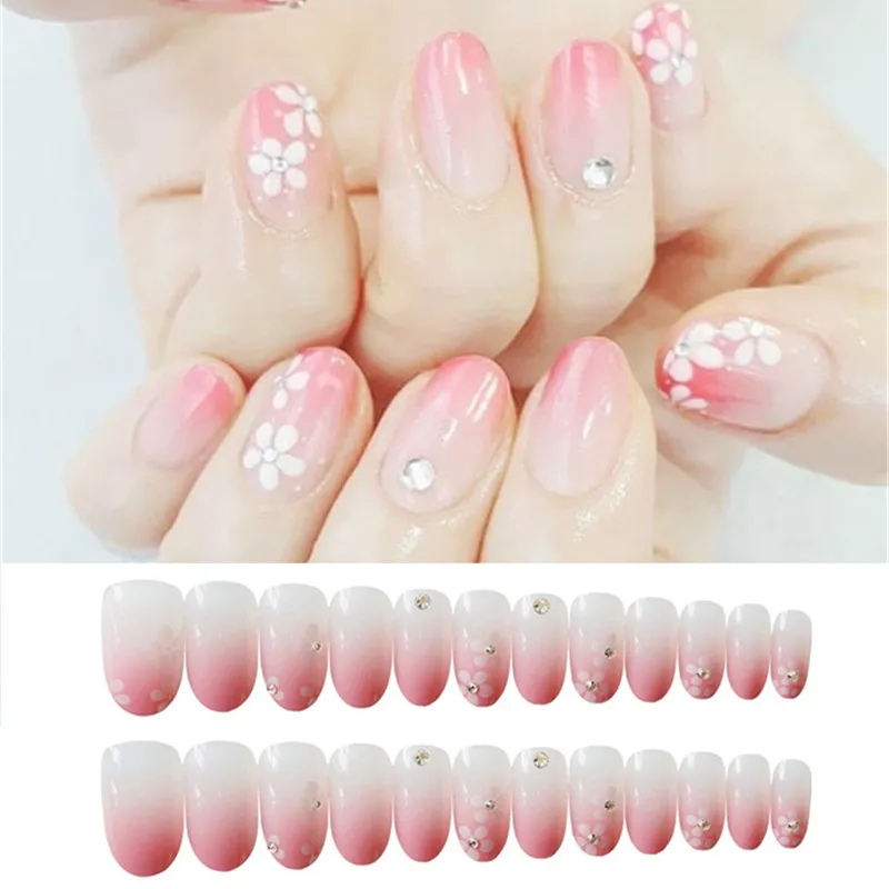 24 Pcs Gradient Pink Artificial Fake Nails French Flowers Nails Art With Design Press On Nail Tips Z234