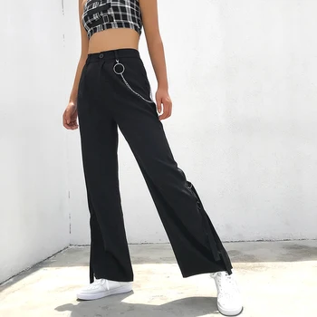 

Women High Waist Trousers Black Patchwork Button Pants Women Spring Autumn Fashion Pants