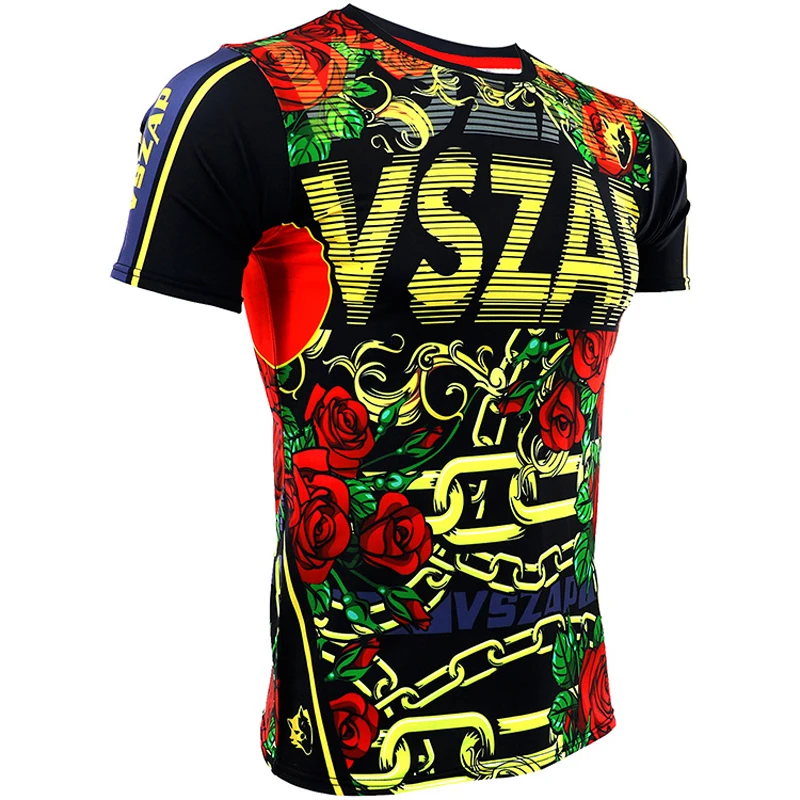 VSZAP, Мужская новинка, с принтом розы, короткий рукав, стрейч-футболка, быстросохнущая, для вещания, ММА, спорта, фитнеса, UFC, для борьбы, для тренировок, футболка