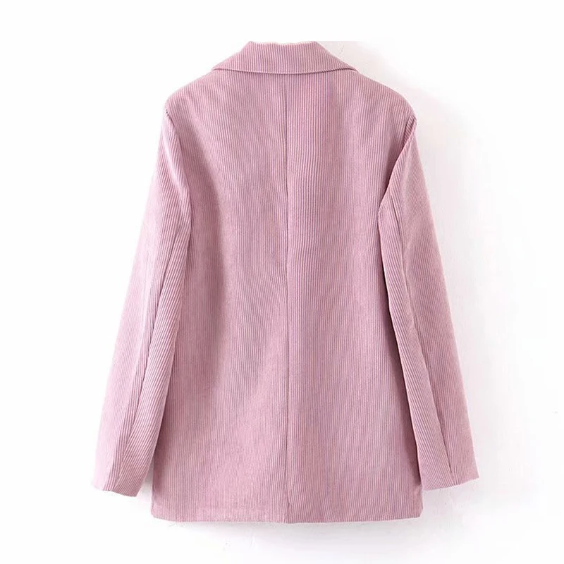 Women Double Breasted Pink Blazers Autumn Striped Pockets Long Sleeve Casual Coat Suit Notched Neck Office Fashion Jacket Lady