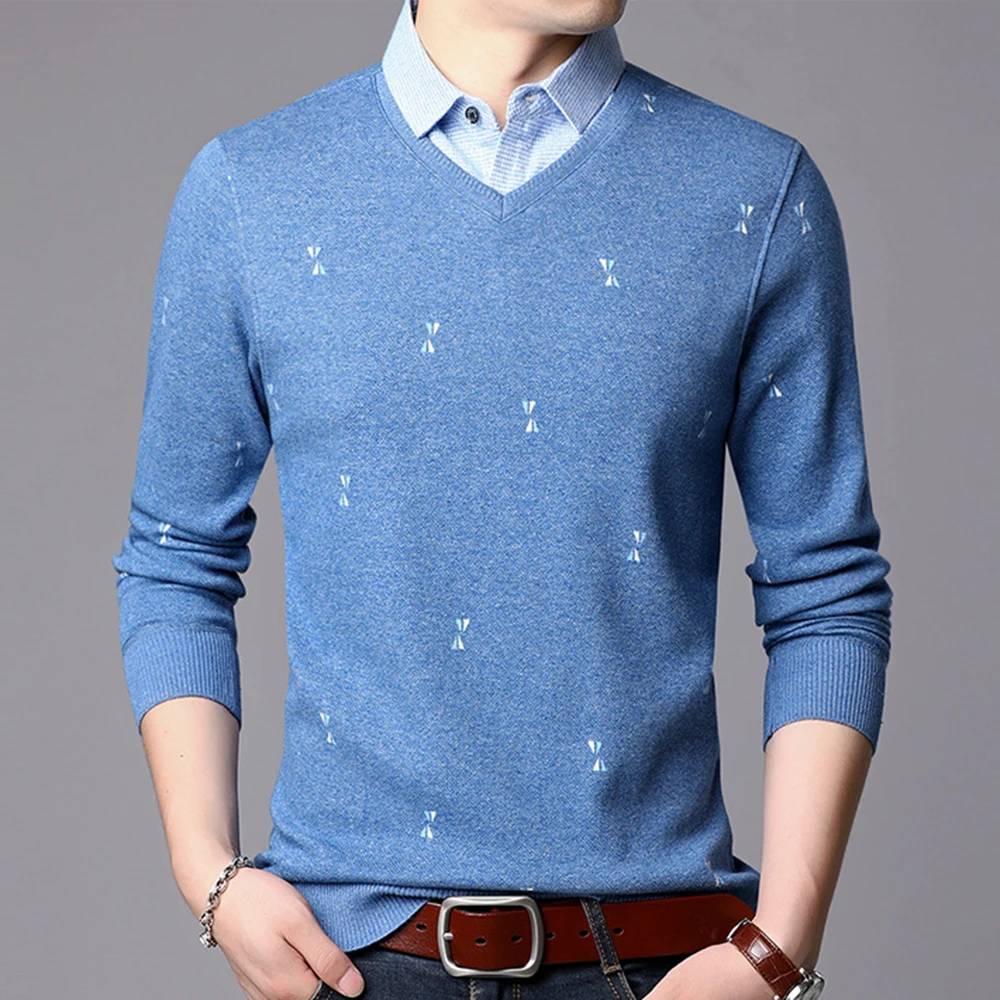 

Men's Sweaters Pullovers Shirt Collar Fake Two-piece Sweater Casual Warm Fleece Long Sleeve Male Knittwear Tops Jumpers MZL056